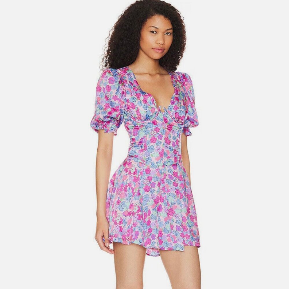 For Love and Lemons Angi Mini Dress Small Floral Pink Purple Bright Barbie